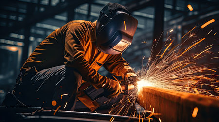 Industrial worker cutting and welding metal with many sharp sparks. AI Generated.の素材