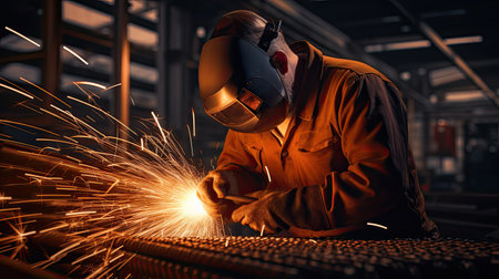 Industrial worker cutting and welding metal with many sharp sparks. AI Generated.の素材