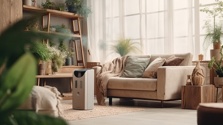 Air purifier a living room, air cleaner removing fine dust in house. protect PM 2.5 dust and air pollution concept. AI Generated.の素材