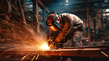 Industrial worker cutting and welding metal with many sharp sparks. AI Generated.の素材