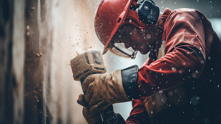 Construction worker in dirty clothes with a hammer and drill at work. AI Generated.の素材
