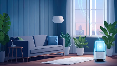 Air purifier a living room, air cleaner removing fine dust in house. protect PM 2.5 dust and air pollution concept. AI Generated.の素材