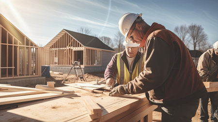Craftsman and carpenter working at construction site of new house. AI Generated.の素材