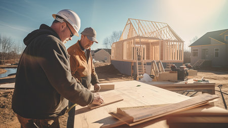 Craftsman and carpenter working at construction site of new house. AI Generated.の素材