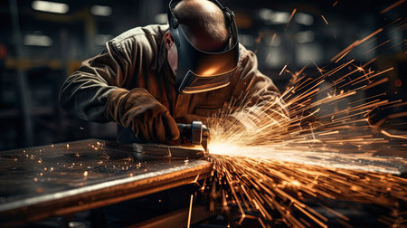 Industrial worker cutting and welding metal with many sharp sparks. AI Generated.の素材