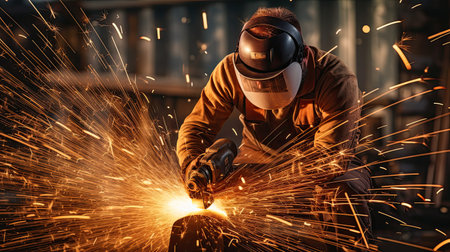 Industrial worker cutting and welding metal with many sharp sparks. AI Generated.の素材