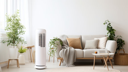Modern interior Inside the living room house, there is a harmonious white air purifier and minimalism with a modern interior. full shot , AI Generated.の素材