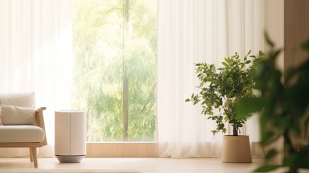 Modern interior Inside the living room house, there is a harmonious white air purifier and minimalism with a modern interior. full shot , AI Generated.の素材