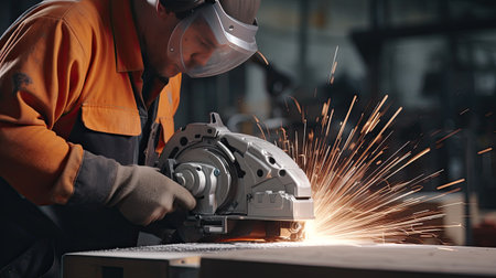 Skilled industrial worker grinding metal part. AI Generated.の素材