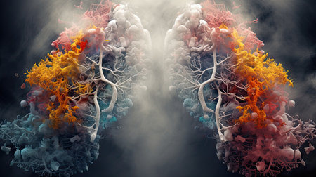 Human Lungs with smoke, Lung disease from smoking, pm 2.5 and air pollution,Human Lung model illness, Lung cancer, and lung disease, Generative AIの素材
