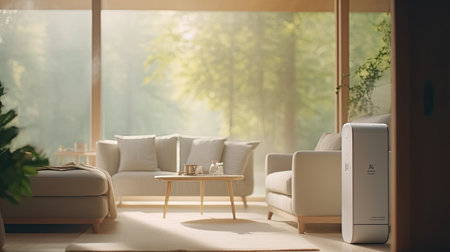 Modern interior Inside the living room house, there is a harmonious white air purifier and minimalism with a modern interior. full shot , AI Generated.の素材