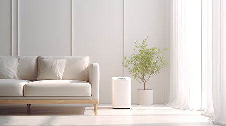 Modern interior Inside the living room house, there is a harmonious white air purifier and minimalism with a modern interior. full shot , AI Generated.の素材