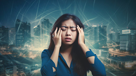Portrait of stress Asian woman got headache with pm 2.5, Young woman over smog city suffering from headache desperate because pain, migraine from PM 2.5 dust and air pollution. AI Generatedの素材