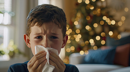 Portrait of a sick kid who has the flu blows nose into a tissue , winter cold and cough concept image. AI Generated.の素材
