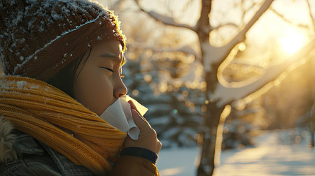 Portrait of a sick kid who has the flu blows nose into a tissue , winter cold and cough concept image. AI Generated.の素材