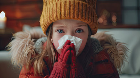 Portrait of a sick kid who has the flu blows nose into a tissue , winter cold and cough concept image. AI Generated.の素材