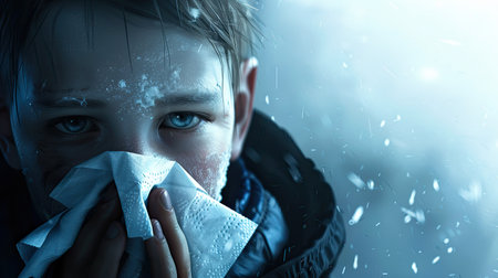 Portrait of a sick kid who has the flu blows nose into a tissue , winter cold and cough concept image. AI Generated.の素材