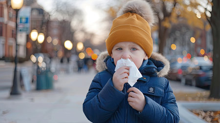 Portrait of a sick kid who has the flu blows nose into a tissue , winter cold and cough concept image. AI Generated.の素材