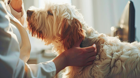 Closeup shot of veterinarian hands checking dog by stethoscope in vet clinic. AI Generated.の素材