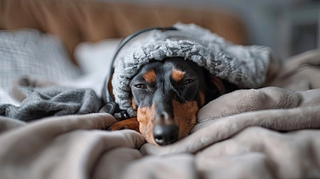 Dachshund dog, black and tan, sleeping in bed with high fever temperature, ice water bag on head, covered by a blanket, vet auditions a dog with a stethoscope. AI Generated.の素材