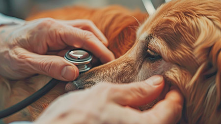 Closeup shot of veterinarian hands checking dog by stethoscope in vet clinic. AI Generated.の素材