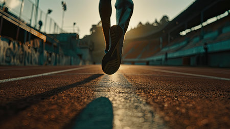 Athlete running on racetrack at stadium. Close up of athlete legs. AI Generated.の素材