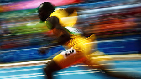 Afro American athlete runner sprinter running in motion blur on racetrack. - AI Generated,の素材