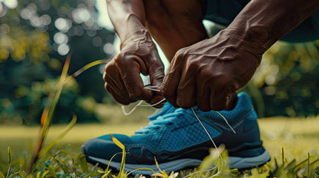Close-up of sportsman tying sneakers. Unrecognizable man stopping lacing shoe outdoors. Athletic shoes concept. AI Generated.の素材