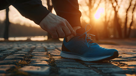 Close-up of sportsman tying sneakers. Unrecognizable man stopping lacing shoe outdoors. Athletic shoes concept. AI Generated.の素材