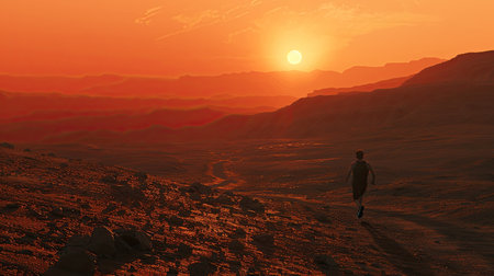 Athlete man running towards the sunset in the mountains. AI Generated.の素材