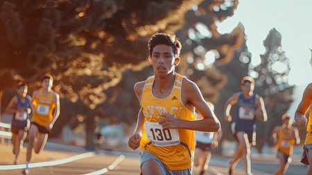 Competitive Cross Country Runners in a Race Meet. High School Athletics Team with Running Shoes and Determined Legs. AI Generated.の素材