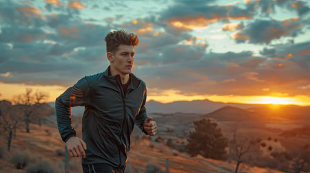 Athlete man running towards the sunset in the mountains. AI Generated.の素材