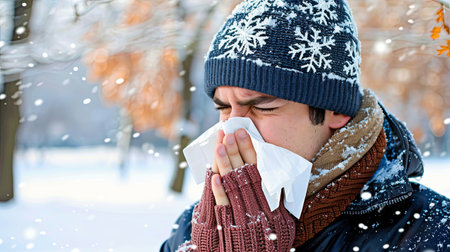 Portrait of a sick man who has the flu blows his nose into a tissue , winter cold and cough concept image. AI Generated.の素材