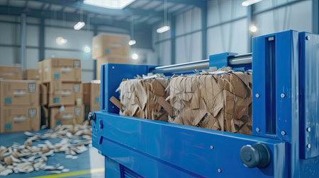 Paper squeezer container and garbage press machine recycle cardboard to reusable material bales. AI Generated.の素材