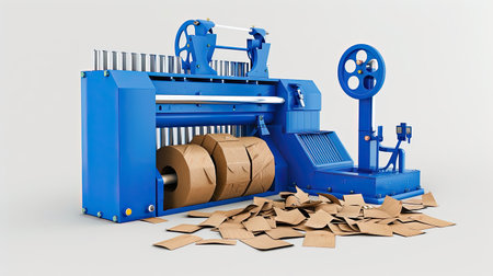 Paper squeezer container and garbage press machine recycle cardboard to reusable material bales. AI Generated.の素材