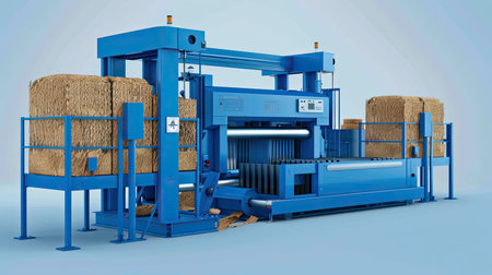 Paper squeezer container and garbage press machine recycle cardboard to reusable material bales. AI Generated.の素材