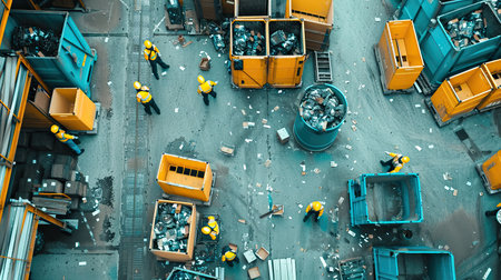 Group of Workers in factory of blue paper squeezer container and garbage press machine recycle cardboard to reusable material bales. AI Generatedの素材