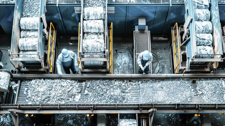 Group of Workers in factory of blue paper squeezer container and garbage press machine recycle cardboard to reusable material bales. AI Generatedの素材