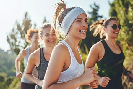 Group of young people in sports clothing jogging together outdoors. AI Generated.の素材