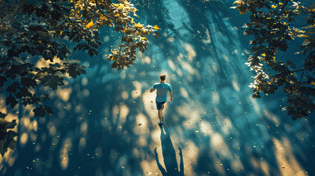 Running man sprinting for success on run. Top view athlete. AI Generated.の素材