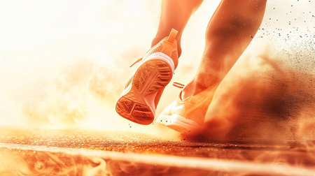 Rear view closeup sport shoe of racer in running on trail with dust. Banner sneaker fitness for track. AI Generated.の素材