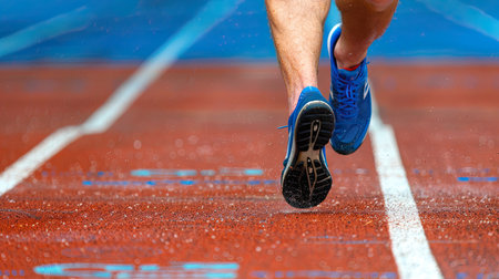Sprinting man runner sprinter athlete running shoes and legs on track and field lane run race competing fast panoramic banner background. AI Generated.の素材