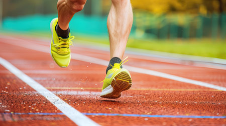 Sprinting man runner sprinter athlete running shoes and legs on track and field lane run race competing fast panoramic banner background. AI Generated.の素材