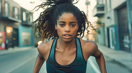 Strong fitness woman running outdoors by street. AI Generated.の素材