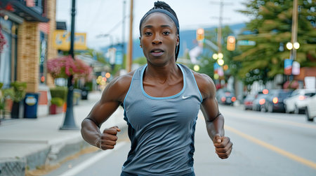 Strong fitness woman running outdoors by street. AI Generated.の素材