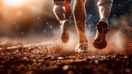 Sprinting man runner sprinter athlete running shoes and legs on track and field lane run race competing fast panoramic banner background. AI Generated.の素材