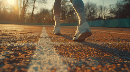 Sportsman at starting line of running track. AI Generated.の素材