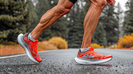 Sprinting man runner sprinter athlete running shoes and legs on track and field lane run race competing fast panoramic banner background. AI Generated.の素材