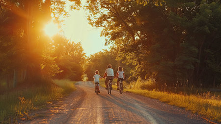 Happy American family with kids traveling together by bicycle a country road. Active lifestyle for adult and children at nature. Hobby for family, activity pursuit. AI Generated.の素材