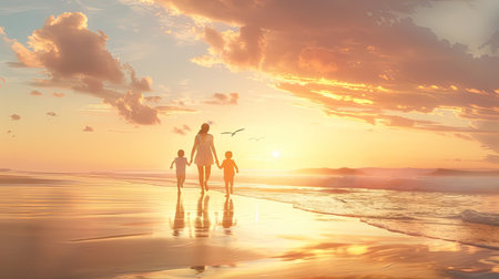 Dady and Mom run along the beach with their children on summer vacation. AI Generated.の素材